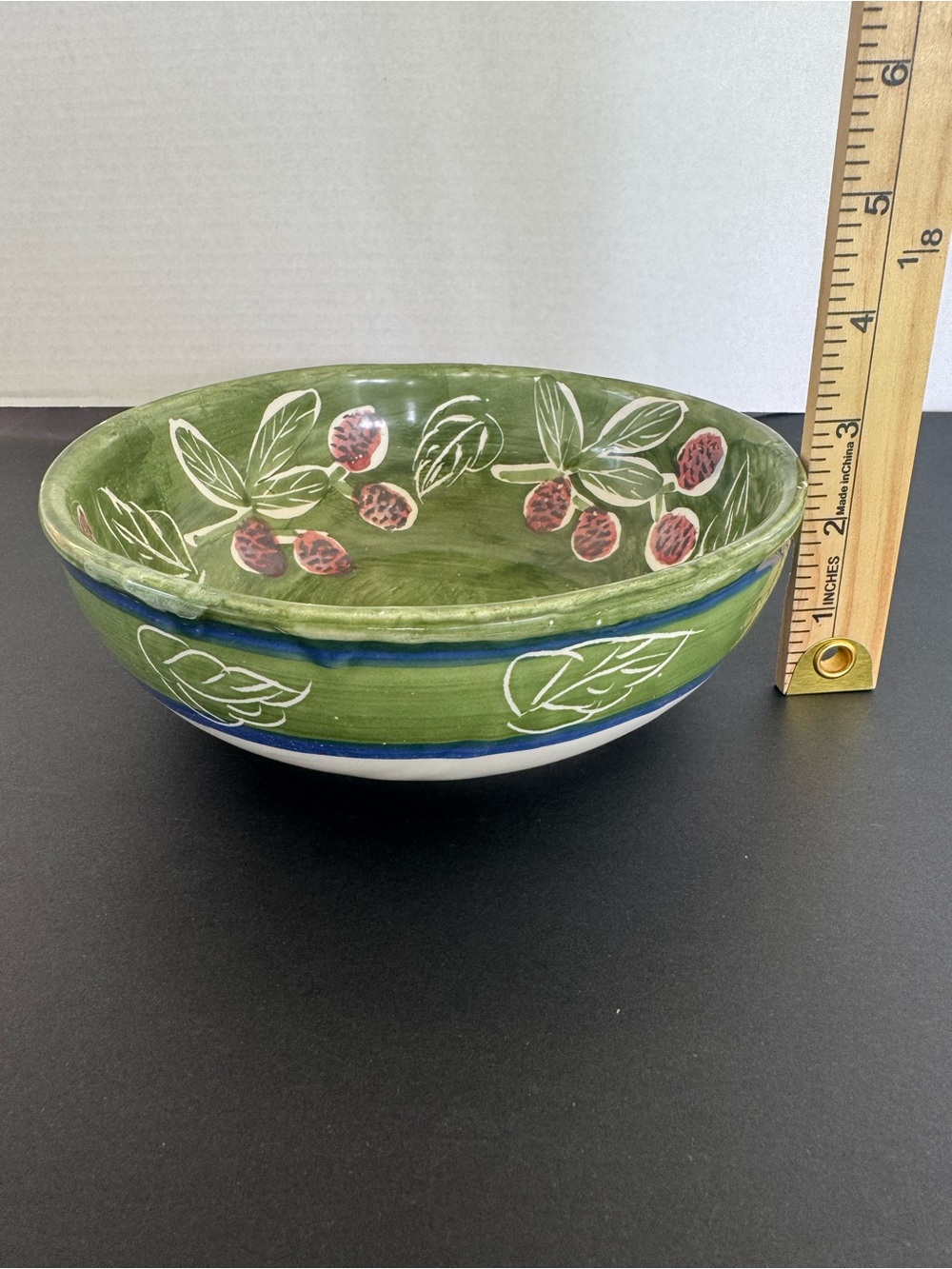 Pottery Barn Green Ceramic Bowl with Red Berry Accent - Picture 3 of 4